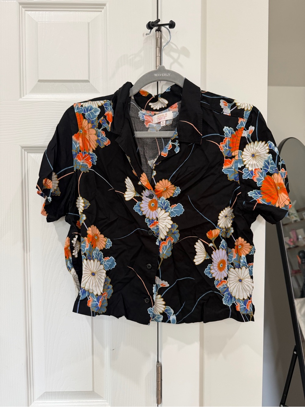 Roark Black Floral Button-Down crop Top with Orange, Blue & White Blooms